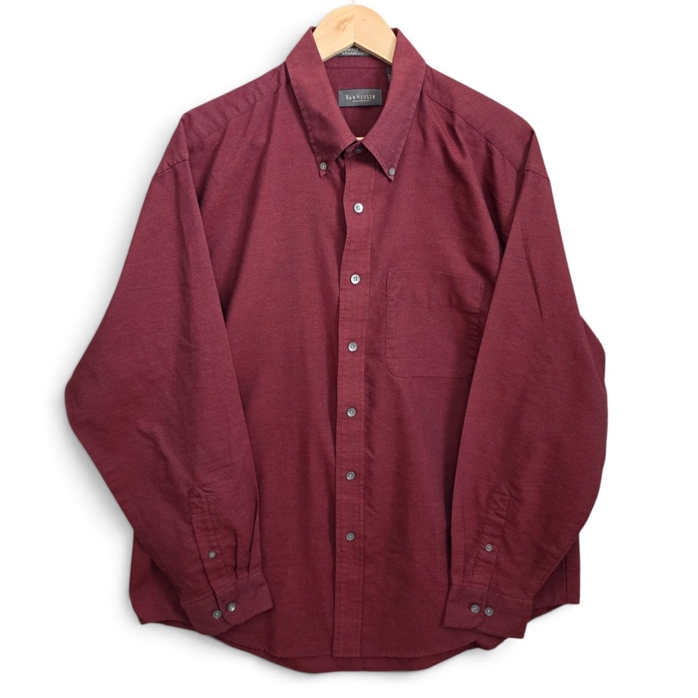 Van Heusen Dress Shirt Mens 16.5 Large Burgundy Button Wrinkle Free Broadcloth‎